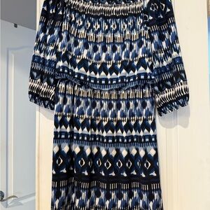 AB Studio Blue and White Geometric 3/4 Sleeve Dress